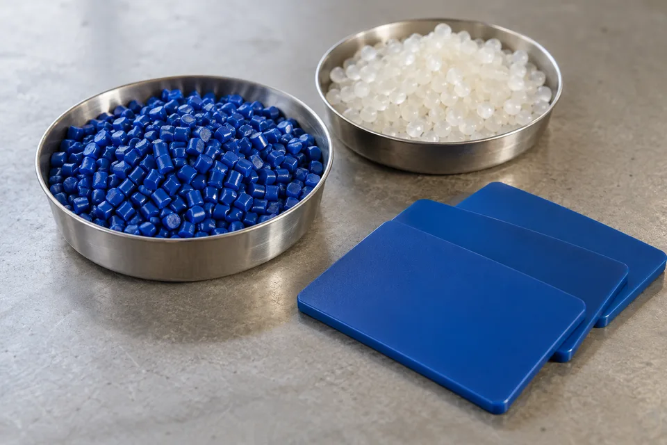 Blue concentrate pellets, natural polymer pellets and plastic sample plaques — illustration